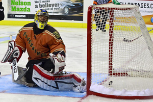 Riverkings golaie Ray Jean giving up 1 of 4 Tulsa goals.