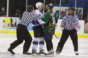 Tulsa Oilers rightwinger Dan Riedel describing the awesomeness of the goal he just scored to a 'Mudbug'.