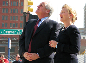 Mayors Bill LaFortune (guided passage of Vision 2025) and Kathy Taylor during the "topping out" ceremony 