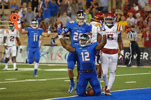 Golden Hurricane wide receiver Jordan James celebrates a touchdown against Iowa State, but officials ruled James down at the one-yard line.