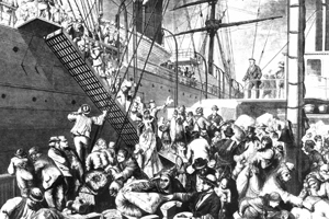 Wikipedia Image: "From the Old to the New World" shows German emigrants boarding a steamer in Hamburg, to New York. Harper's Weekly, (New York) November 7, 1874.
