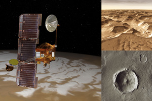 Artist concept of NASA's Mars Odyssey orbiter with actual images taken by the spacecraft