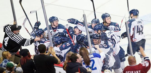 The Oilers celebrate the game winner in overtime on Friday night. Photo Kevin Pyle