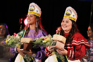 2015 Miss Muscogee (Creek) Nation Shannon Barnett (right) and Jr. Miss MCN Madeline Gouge (left) were crowned at the MCN Scholarship Pageant June 6