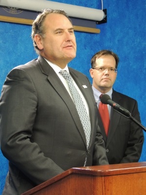 Senators John Sparks, D-Norman, and Patrick Anderson, R-Enid, discuss a proposal to authorize the placement of a Bill of Rights monument at the Capitol.