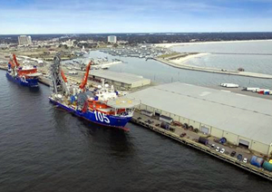 Lay Vessel 105 and North Ocean 102 are docked to support operations at McDermott’s spoolbase facility in Gulfport, Mississippi.