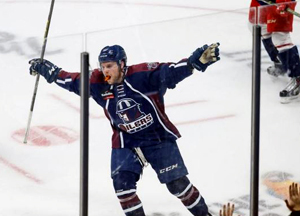 DanDeSalvo celebrates the game winner Tuesday night against the Allen Americans. Photo by Kevin Pyle