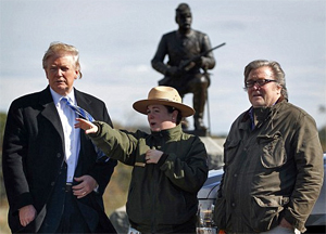 Trump stopped at the Gettysburg National Military Park after his speech, speaking with Park ranger Caitlin Kostic (center) and campaign CEO Steve Bannon (right) near 'Cemetery Ridge' where Confederate general Robert E. Lee ordered the attack known as Pickett's Charge. Photo: AP/DailyMail